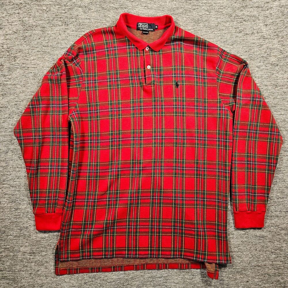 Vtg POLO RALPH LAUREN Tartan Plaid Rugby Shirt Preppy Christmas Red Green USA